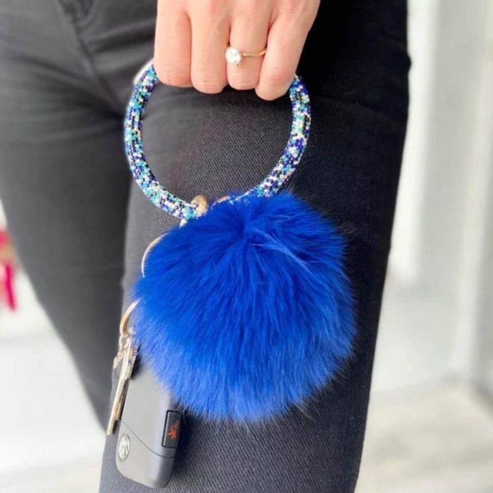 Pom Pom Crystal Rhinestone Bangle Key Ring - Royal Blue
